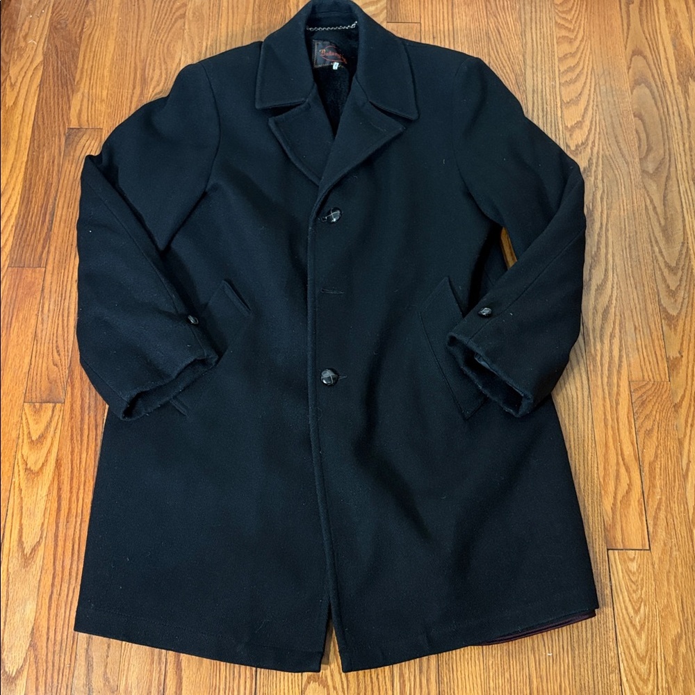 Vintage Botany 500 Faux Fur Lined Wool Coat Black Winter‎ Men's size 44 Long
